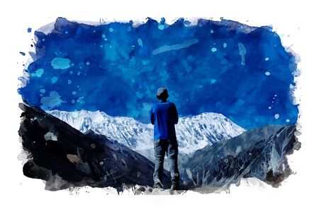 Mountain image, mixed media image of photo and watercolor