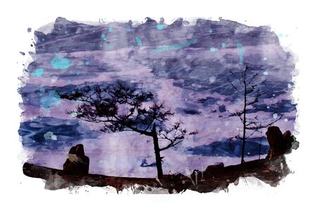 Trees with colorful sky background in the evening, mixed media of photo and watercolorの写真素材