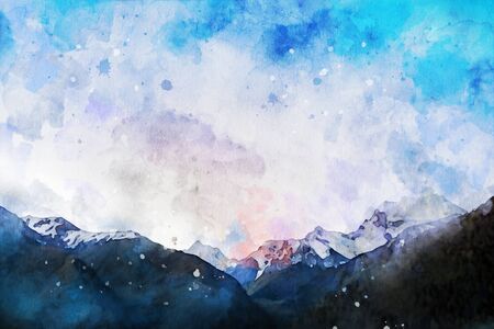 Abstract painting of mountains, nature landscape image, digital watercolor illustration, art for backgroundの写真素材