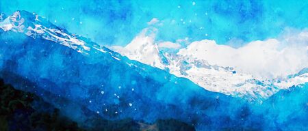 Abstract painting of trees on cliff, nature landscape image, digital watercolor illustration, art for backgroundの写真素材