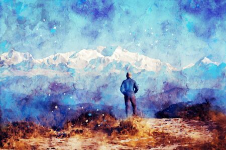 Abstract painting of man on cliff with mountain background, nature landscape image, digital watercolor illustration, art for backgroundの写真素材