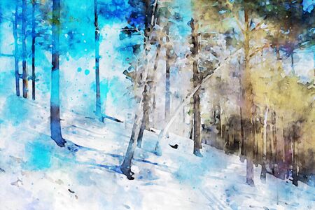 Abstract painting of pine trees in forest, nature landscape image, digital watercolor illustration, art for backgroundの写真素材