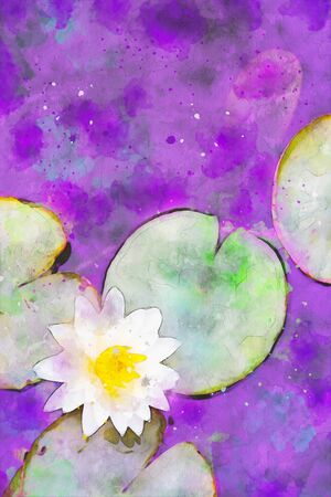 Abstract painting of waterlily, natural flower image, digital watercolor illustration, art for backgroundの写真素材