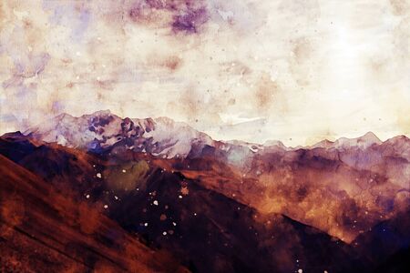 Abstract painting of mountains, nature landscape image, digital watercolor illustration, art for backgroundの写真素材