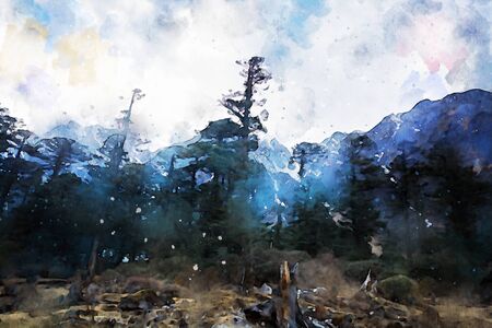 Abstract painting of trees with mountains, nature landscape image, digital watercolor illustration, art for backgroundの写真素材