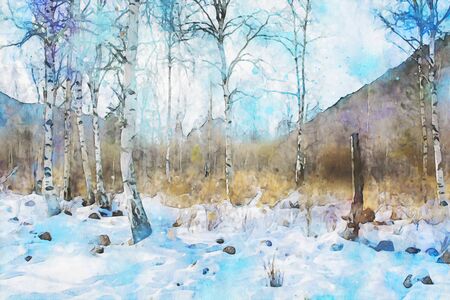 Abstract painting of trees and snow in forest, nature landscape image, digital watercolor illustration, art for backgroundの写真素材