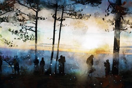 Abstract painting of pine trees in forest, nature landscape image, digital watercolor illustrationの写真素材