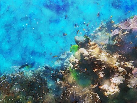 Abstract painting of marine life, underwater landscape image, colorful sea life, digital watercolor...