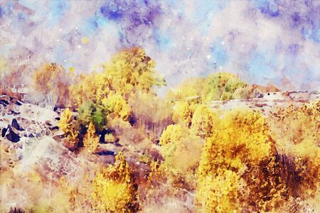 Abstract painting of trees in forest in fall season, nature in autumn landscape image, digital watercolor illustration, art for backgroundの写真素材