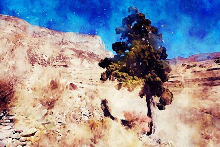 Abstract painting of tree with mountains, nature landscape image, digital watercolor illustration, art for backgrの写真素材