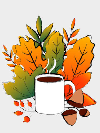 Autumn leaves with mug of hot drink, vector illustrationのイラスト素材