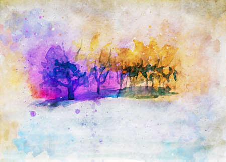 Semi abstract watercolor painting of autumn landscape, trees with colorful leaves in fall seasonの写真素材