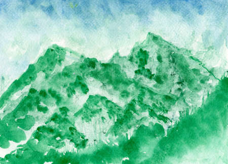 Watercolor painting of green mountains on paper, landscape painting imageの写真素材