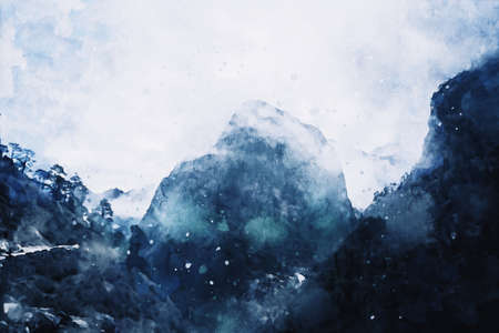Abstract painting of mountain peak with covered snow against blue sky, digital illustration, watercolor texture on imageの写真素材