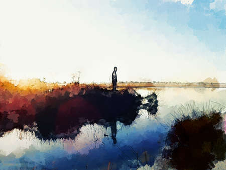 Digital painting of blue lake with man at morning timeの写真素材