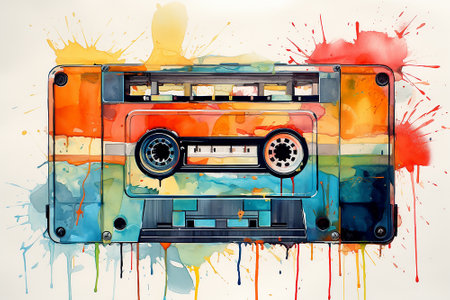 Watercolor painting of cassette tape with splash of colorful ink retro style, Generative AIの素材