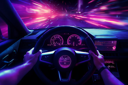 Car dashboard and steering wheel in a car with motion blur background.の素材