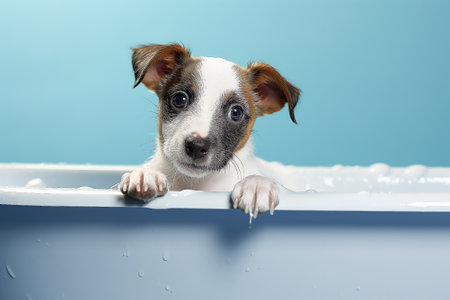 Front view of puppy in bathtub, little cute dog, Generative AIの素材