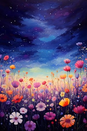 Abstract painting of beautiful sky in night with stars light and flowers filed, Generative AI of fantasy imageの素材