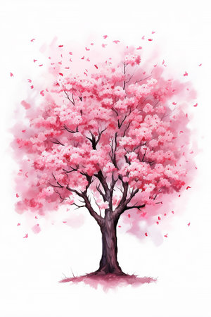 Watercolor painting of pink cherry blossom tree on white background, flowers blooming in summer, Generative AIの素材