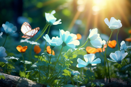 Beautiful cosmos flowers field with sunlight in the morning, Generative AI imageの素材