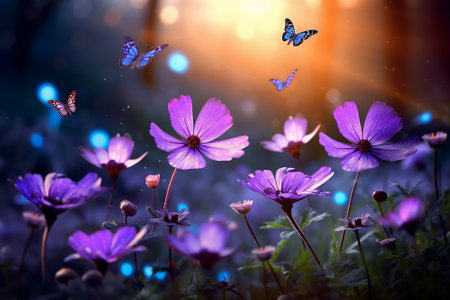 Beautiful cosmos flowers field with sunlight in the morning, Generative AI imageの素材
