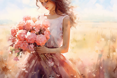 Digital painting of woman holding bunch of pink flowers in flower filed. Pastel color image. Generative AIの素材