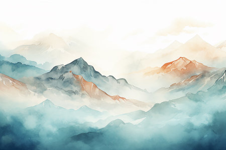 Beautiful watercolor painting of beautiful mountain range in blue tones, Generative AIの素材