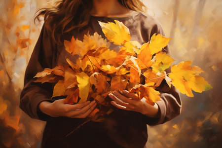 Woman at forest background in autumn season, Generative AI oil paintingの素材