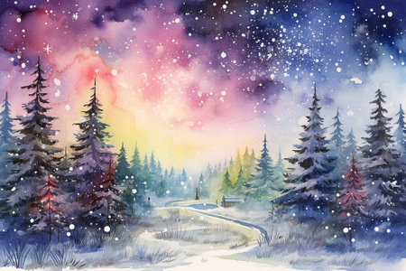 Beautiful pine forest under colorful sky watercolor painting, Generative AI imageの素材