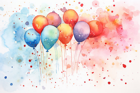 Colorful balloons watercolor painting. Generative AI of celebration background imageの素材