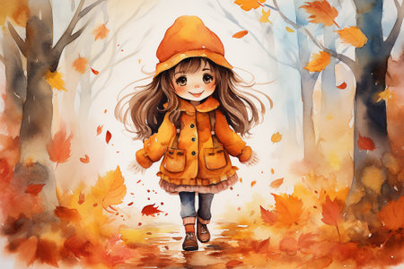 Cute girl in autumn forest watercolor painting, Beautiful orange shade Generative AI image.の素材