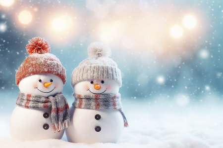 Two snowmen in winter season on bokeh and snowfall background. Generative AI image.の素材