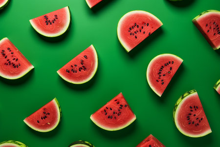 Sliced watermelons on green background. Fruit Generative AI Imageの素材