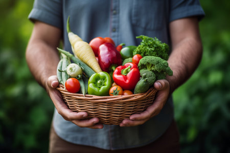 Close-up man holding basket of fresh organic vegetables. Generative AI Image.の素材