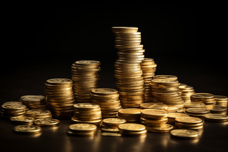 Stack of golden coins on black background. Generative AI Image.の素材