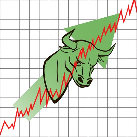 bull head symbolizes the bull market with stock graph as background.のイラスト素材