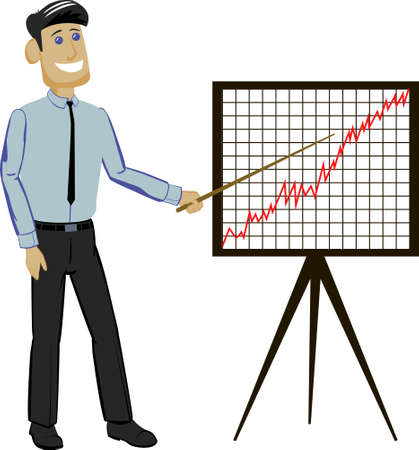 Businessman holding a presentation points to a graph. Vector illustrationのイラスト素材