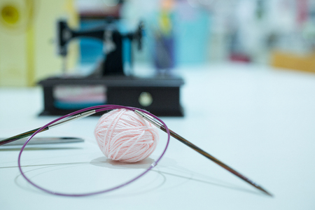 Knitting equipment, knitting wooden and knitting needles. Selective focus.の写真素材