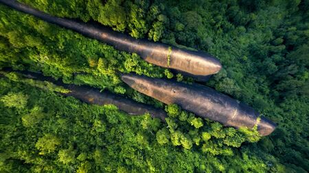 Three whale stones is Popular natural attractions in Thailand. Bird eye view shot of three whales rock in Phu Sing Country park in Bungkarn, Thailand.の写真素材