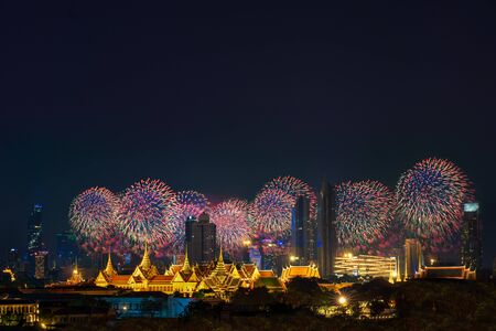 Bangkok cityscape, The buildings with fireworks on New Year's day 2020, an office building in Bangkok. With the foreground scene being the Grand Palace. Bangkok Thailand - 31 Dec, 2019のeditorial素材