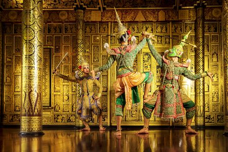 Ramayana story. The battle of Rama. Thailand Dancing in masked perform a Thai traditional masked ballet (Khon). Thai culture dancing art in masked khon.の写真素材