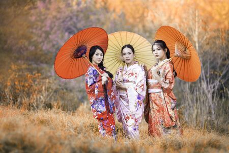 Japanese women wearing kimonos carrying red umbrellas in autumn. Beautiful Female wearing...