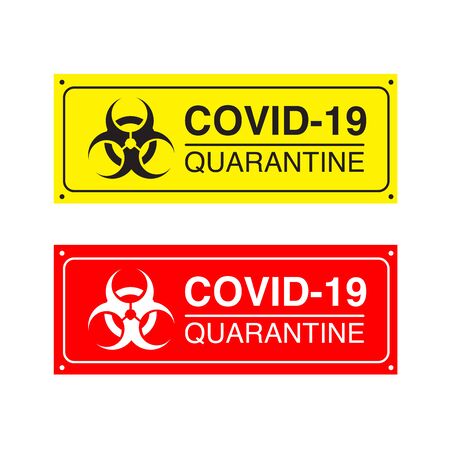 Biohazard icon. COVID-19. Red QUARANTINE label. COVID19 yellow banner with biohazard sign.のイラスト素材