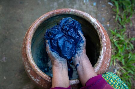 The jar Indigo is used for dyeing cotton in natural colors Is the wisdom of Thailandの写真素材