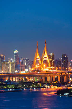 View of Bangkok with heavy fog. Beautiful Bhumibol Bridge and river landscapes. Bangkok Thailand. Sep 6, 2020.のeditorial素材