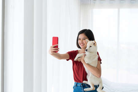 Young women selfie with white dogs with mobile phones. girl holding shiba inu dog.の写真素材