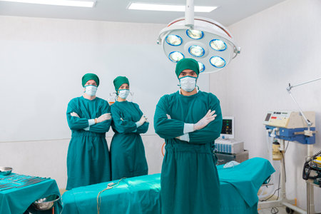 Doctors are treating patients in operating rooms. The surgeon team is working in the operating room. The surgeon is saving the patient's life.の写真素材