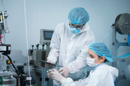 Staff and workers at the mask factory are monitoring the operation of the machines. A mask is being produced on machine. Factory workers are discussing.の写真素材