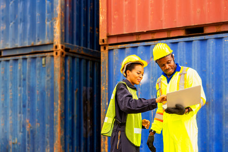 Foreman using laptop computer in the port of loading goods. Foreman talking with worker or laborer in the Industrial Container Cargo freight ship.の写真素材